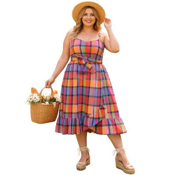 Lane Bryant Dresses & Skirts - Lane Bryant Women's Plaid Print Madras Faux Wrap Boho Ruffle Midi Sundress Sz 28